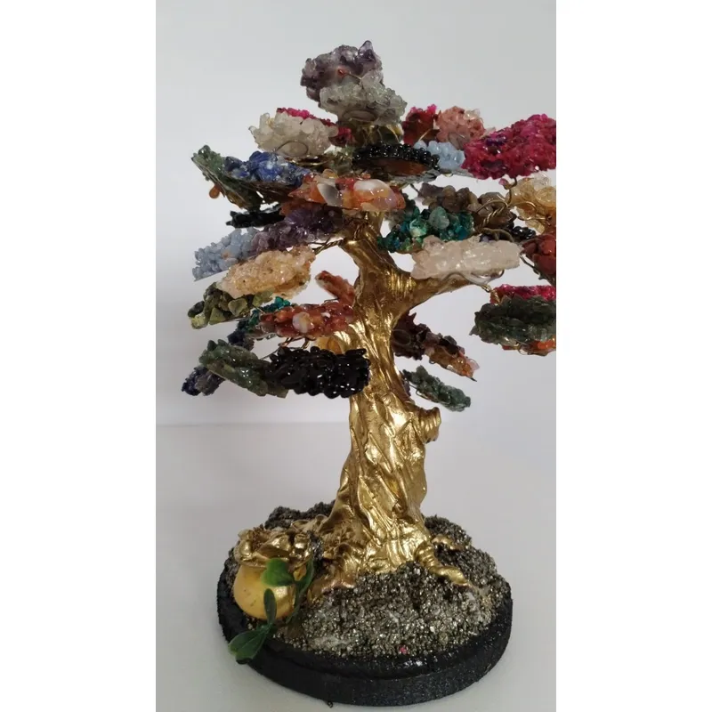 GENERICO - ARBOLITO  DE LOS DESEOS  BONSAI GRANDE DORADO PIEDRAS DE CUARZO 25CM