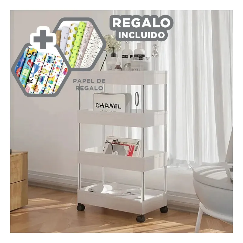 GENERICO - Estante Movil Recto de 4 Niveles Blanco Y+Papel de Regalo