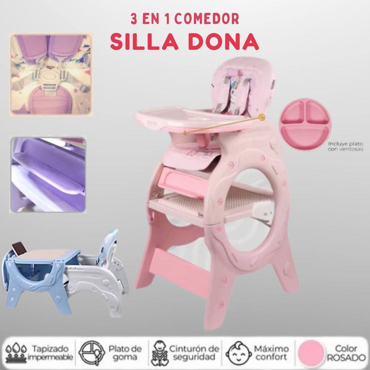 GENERICO - silla comer 3en 1 dona rosado