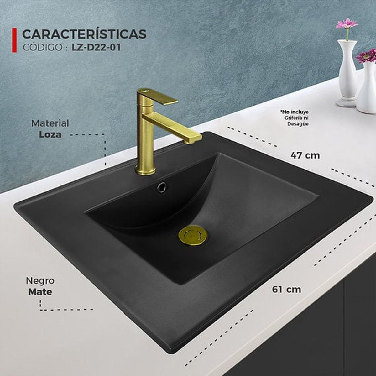 XM - LAVADERO DE LOZA CUADRADO NEGRO LZ-D22-01