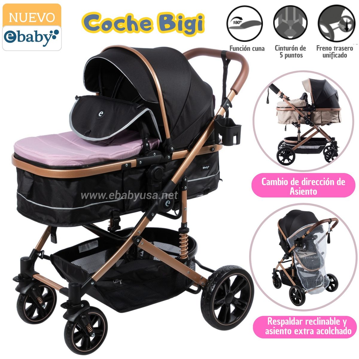 EBABY - Coche de Moises de Lujo Bigi Rosado con Tull