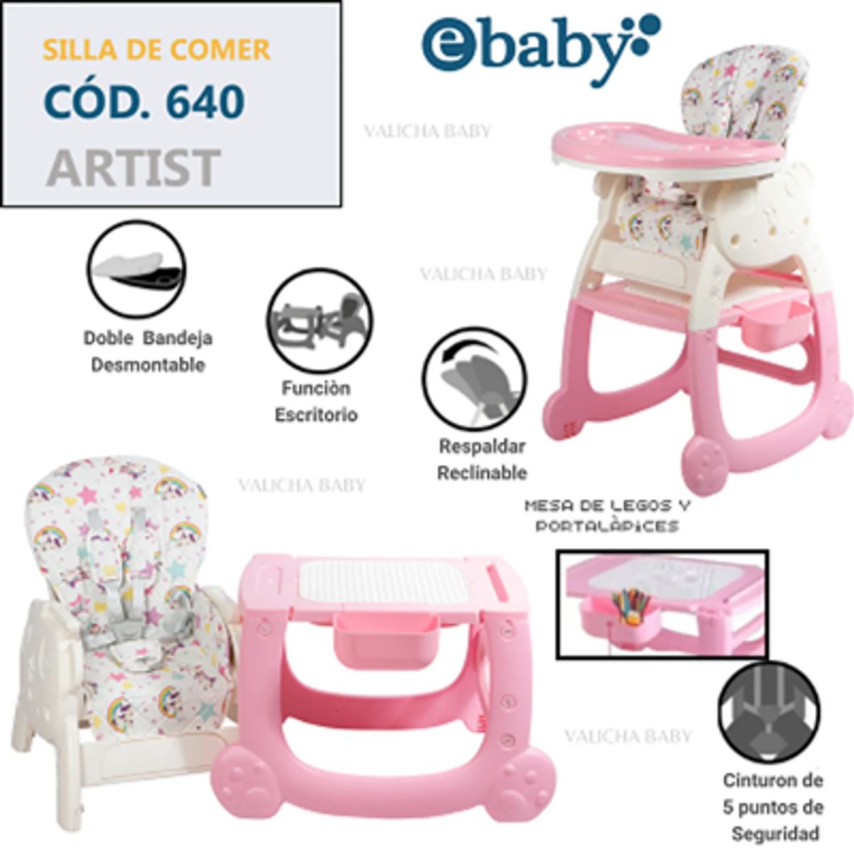 EBABY - SILLA  DE COMER ESCRITORIO ARTIST4 EN 1 ROSADO + OBSEQUIO PLATO Y BOLSA DE LEGOS