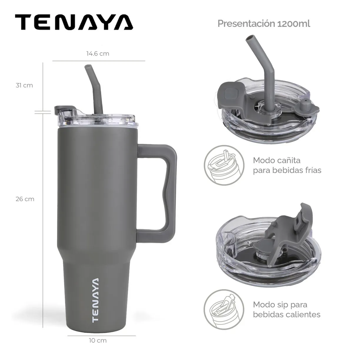 TENAYA - Vaso Tomatodo de Acero Inoxidable Antiderrame 1200ML TENAYA EAGLE GRIS