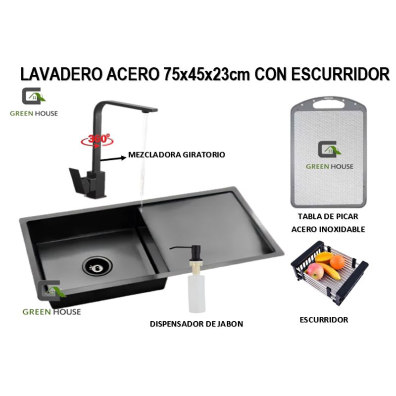 GENERICO - LAVADERO 75x45x23 cm ACERO CON ESCURRIDOR  + MEZCLADORA GIRATORIA