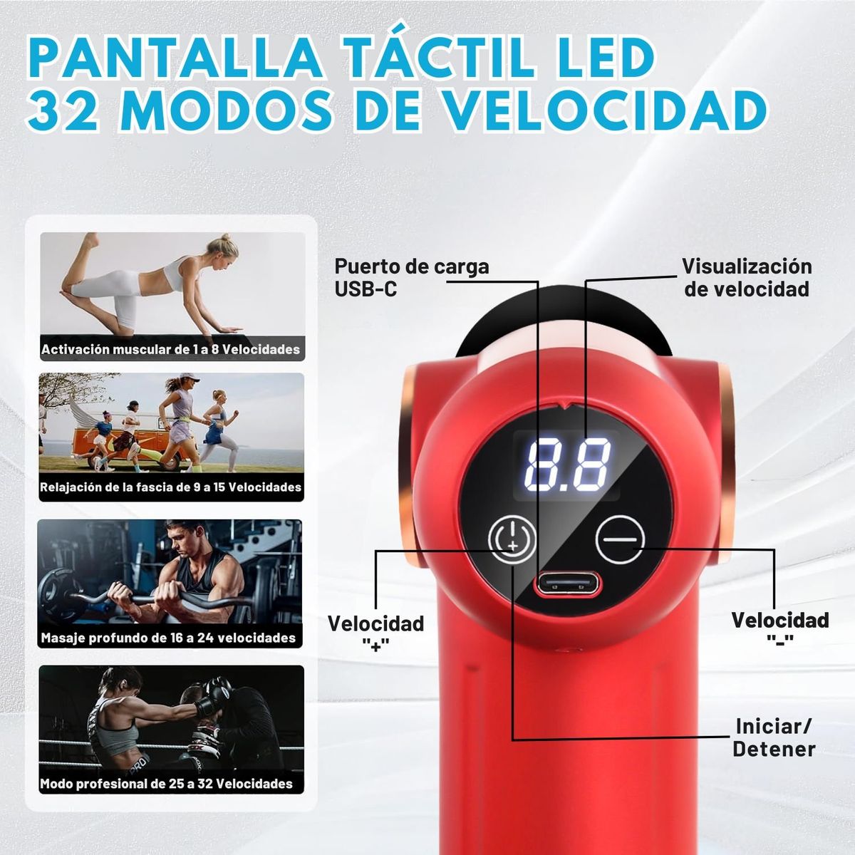 VICTORIA - Pistola de masajes Diguital de 32 velocidades de Recuperación muscular