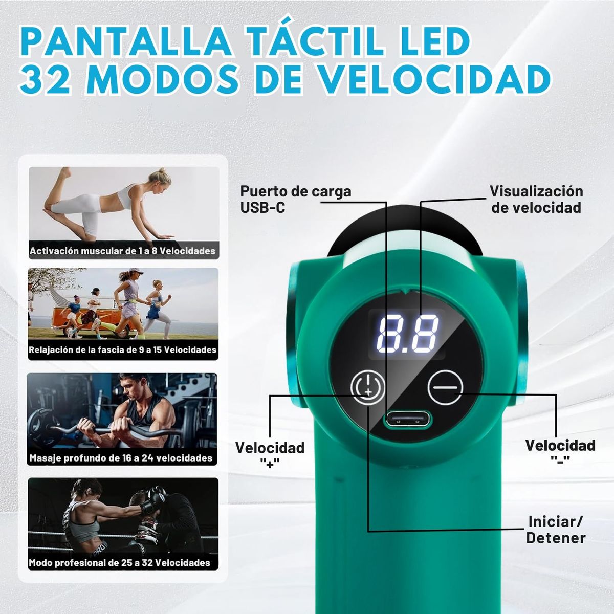 VICTORIA - Pistola de masajes Diguital de 32 velocidades de Recuperación muscular