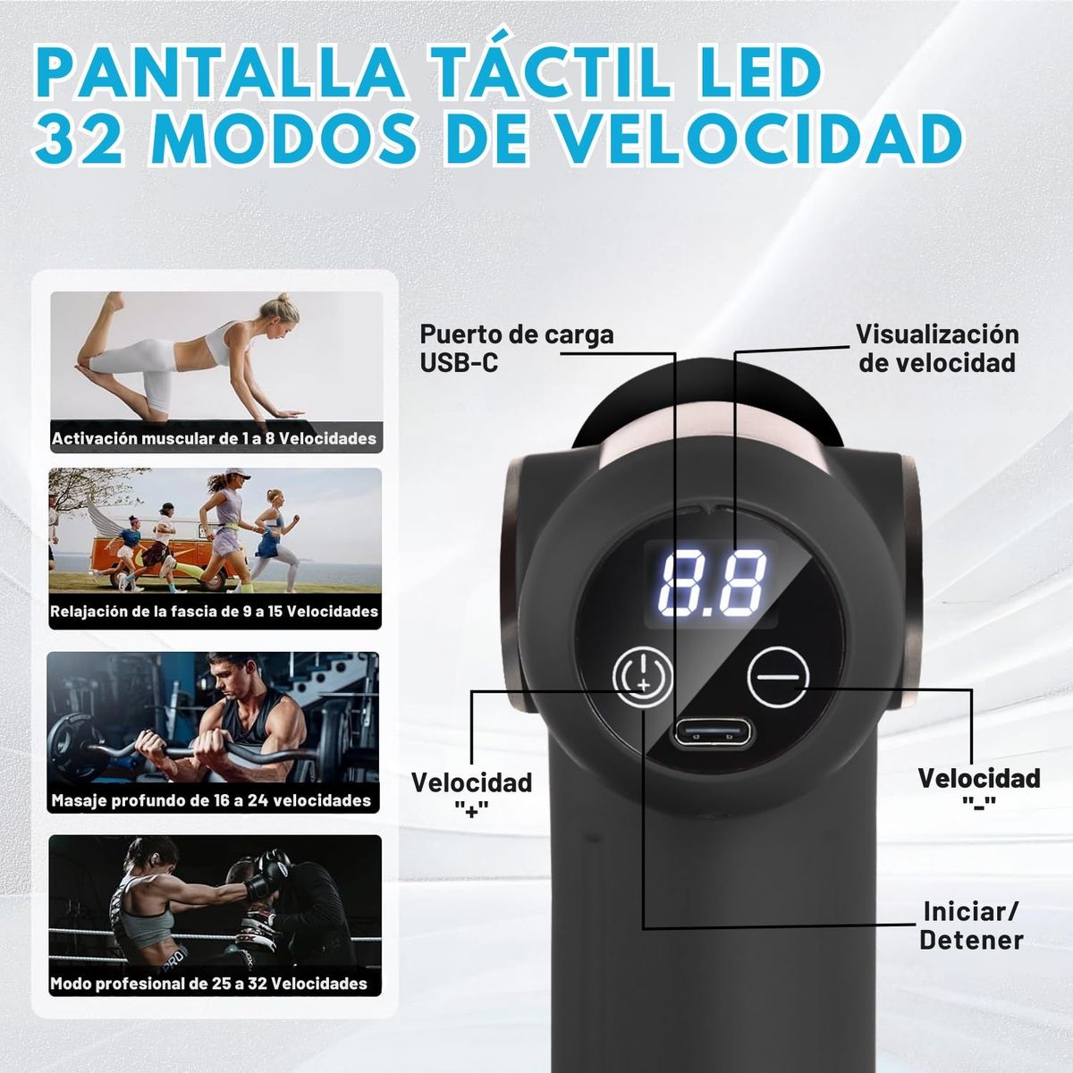 VICTORIA - Pistola de masajes Diguital de 32 velocidades de Recuperación muscular