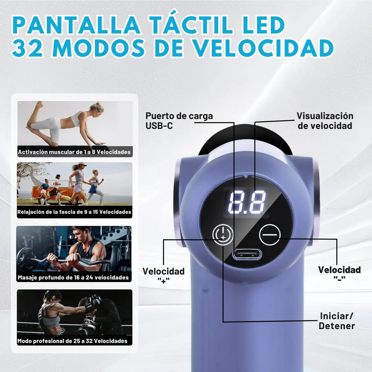 VICTORIA - Pistola de masajes Diguital de 32 velocidades de Recuperación muscular