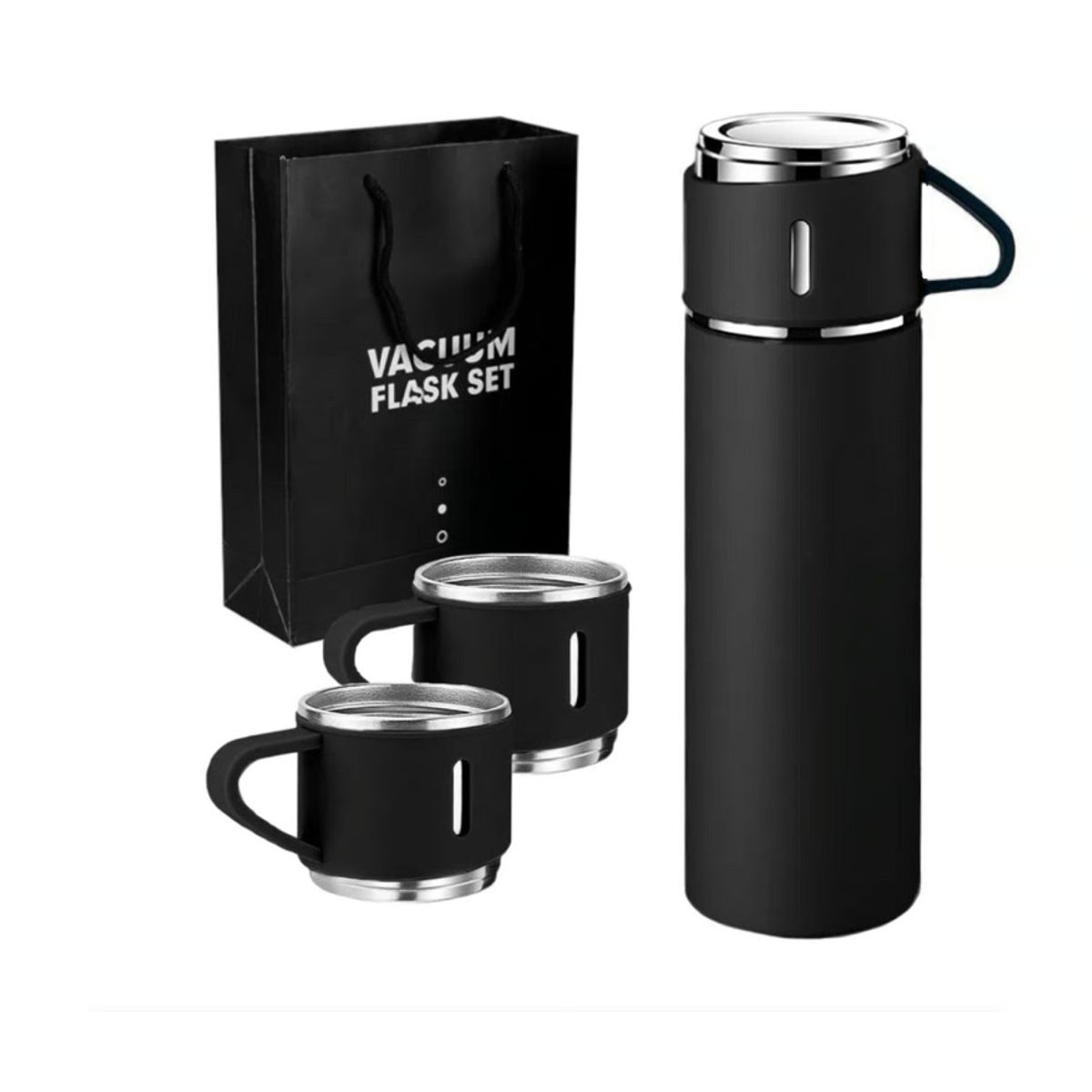 GENERICO - Termo con 3 Tazas Acero Inoxidable de 500 Ml -  Color Negro