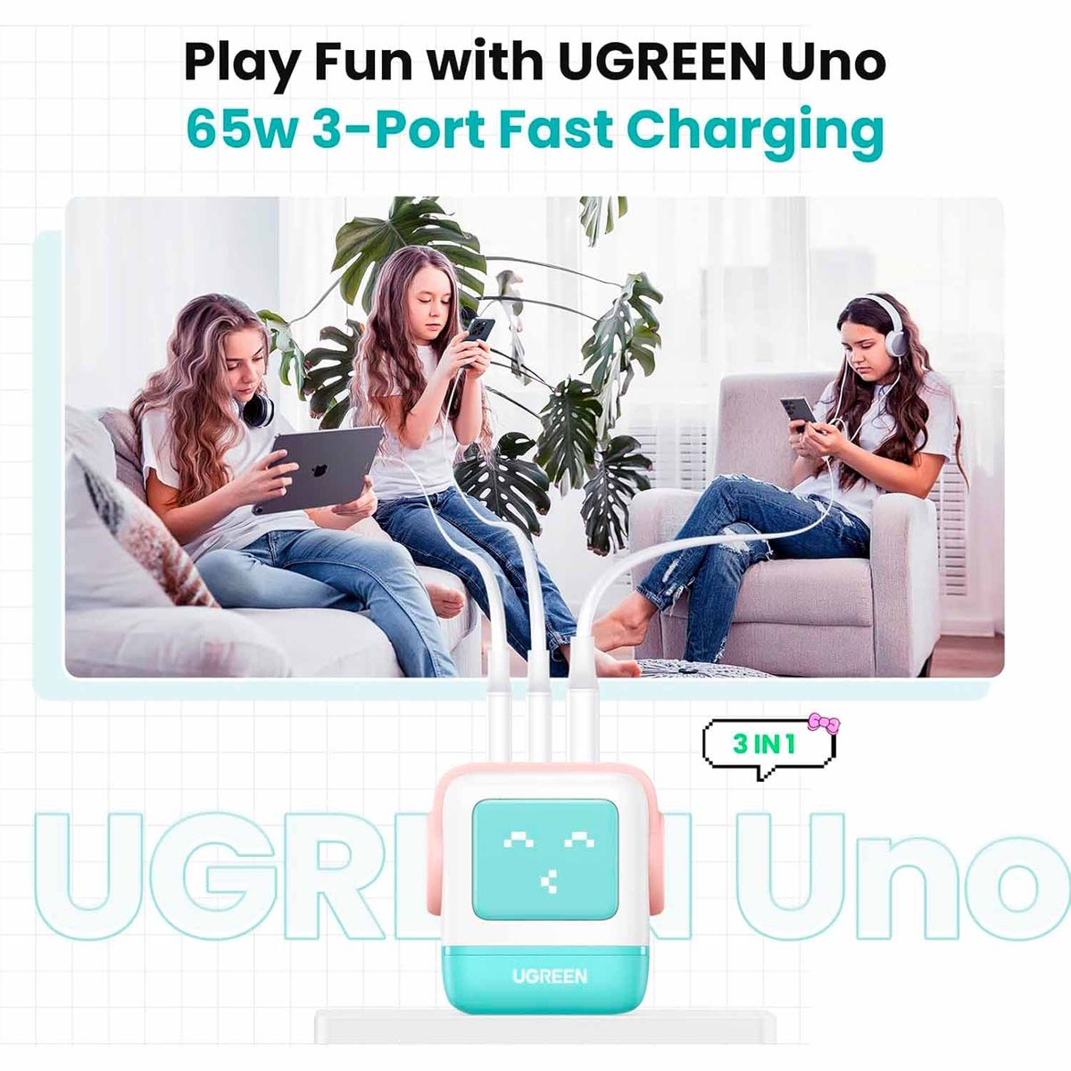 UGREEN - Cargador Ugreen Robot 65 Watts Tipo C Carga Rapida Pink Blue 35856