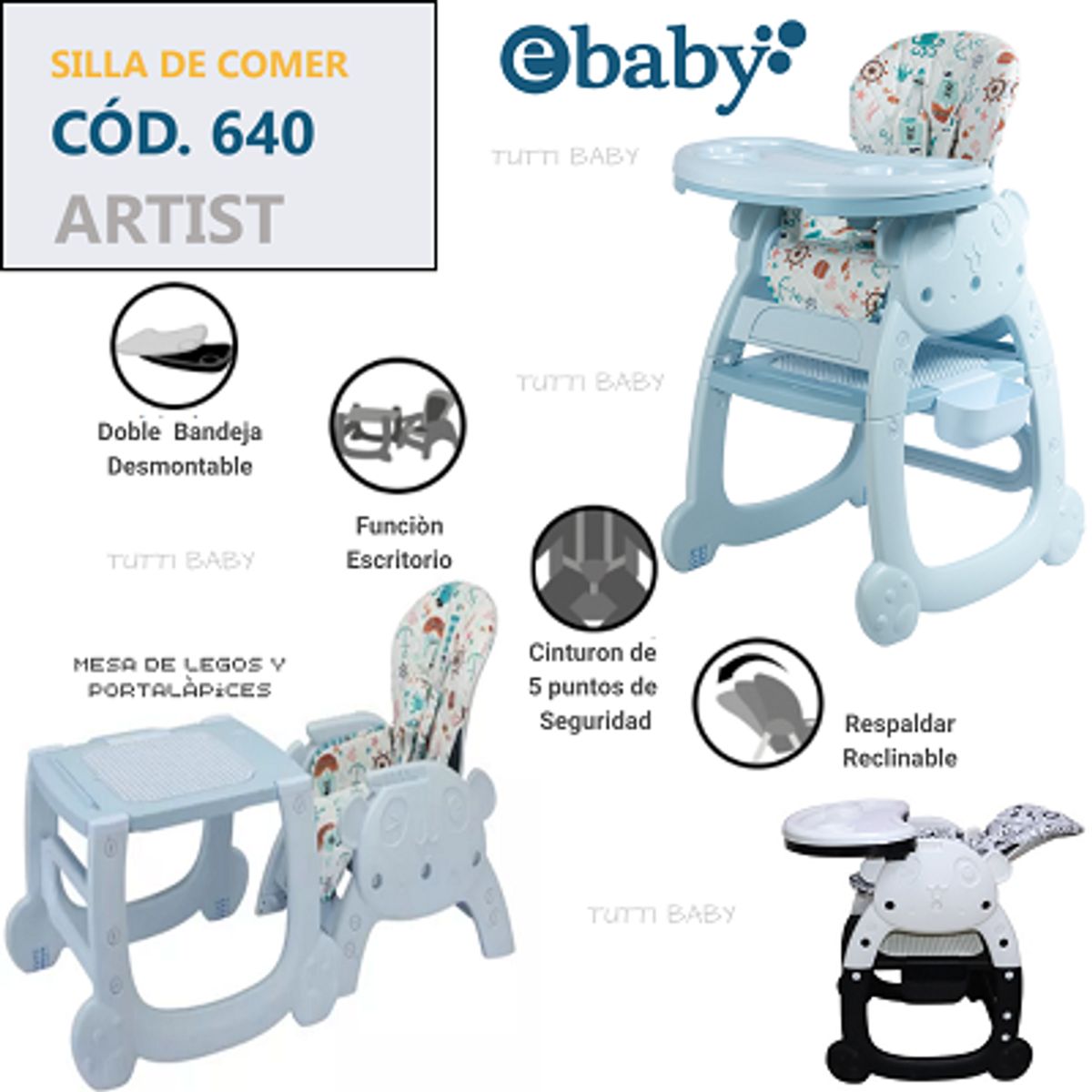 EBABY - SILLA  DE COMEDOR ESCRITORIO  ARTIST  AZUL 4 EN 1 +  OBSEQUIO PLATITO PARA NIÑO Y 1 BOLSA DE LEGOS