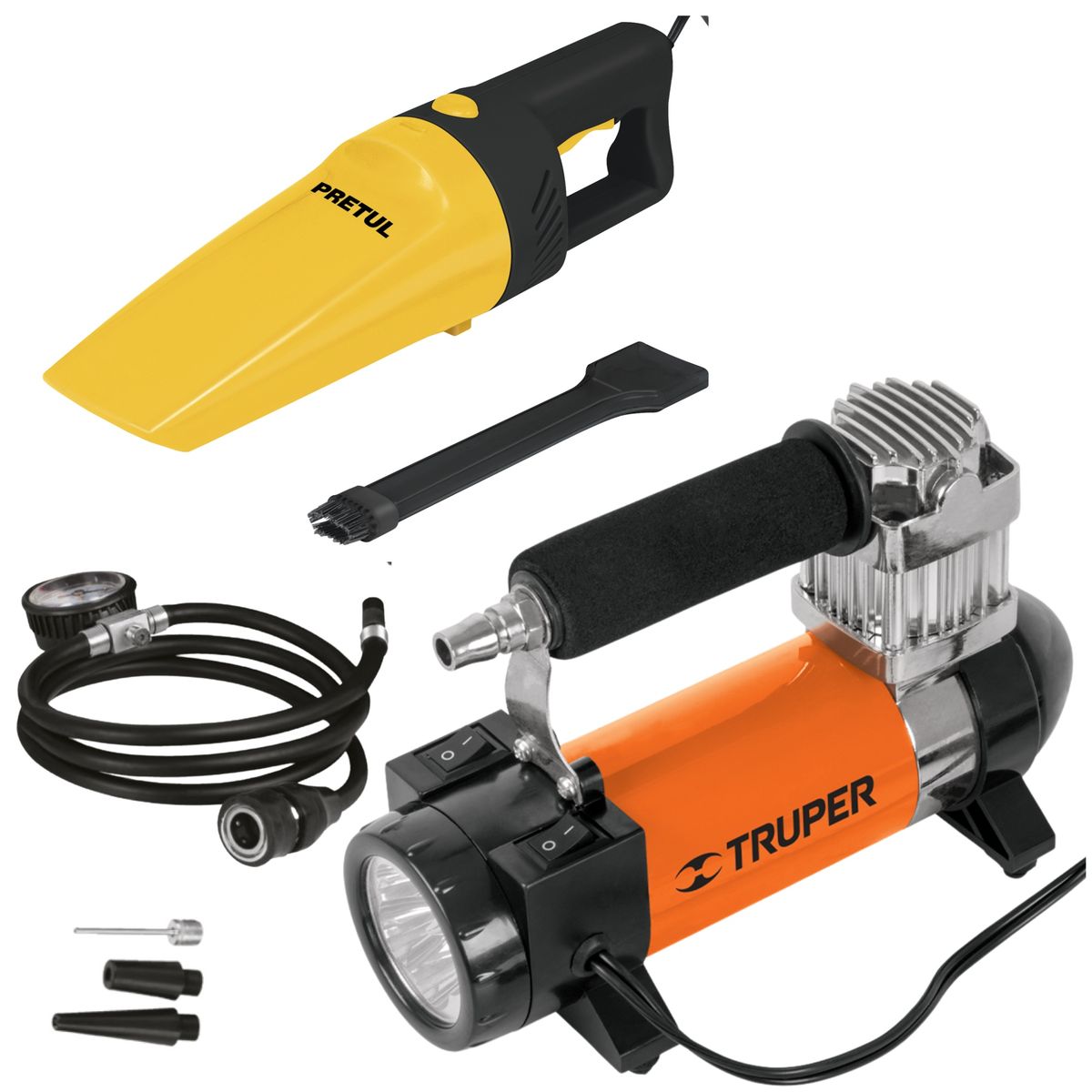 TRUPER - Inflador Compresor de aire portátil para auto + aspiradora de auto TRUPER