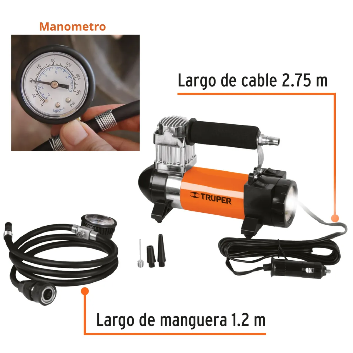 TRUPER - Inflador Compresor de aire portátil para auto + aspiradora de auto TRUPER
