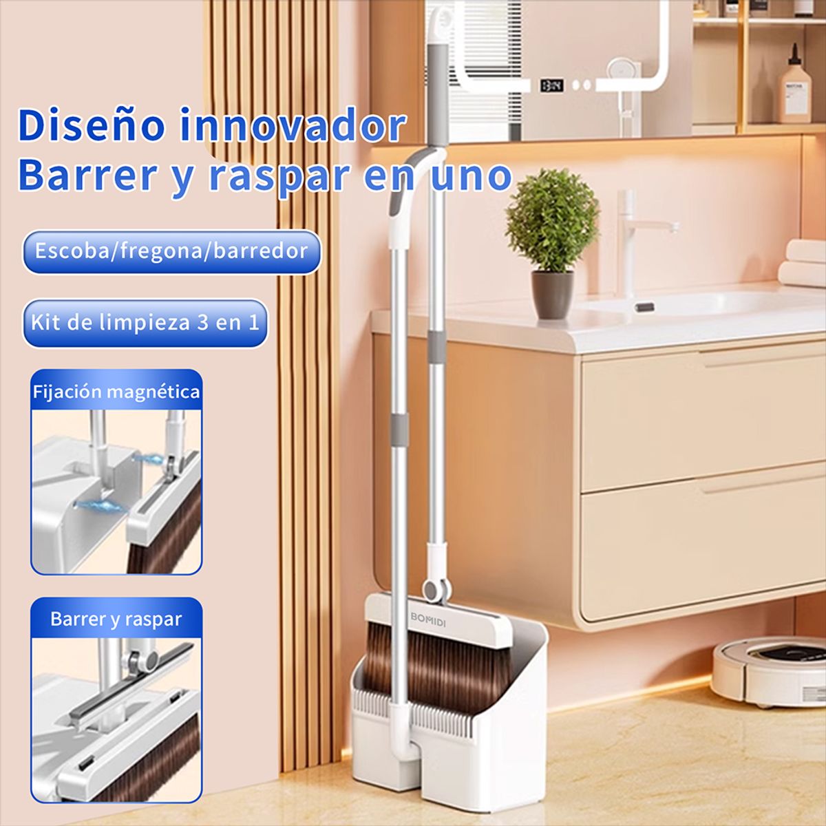 BOMIDI - Juego de Escoba y recogedor 3 en 1 C3 Blanco