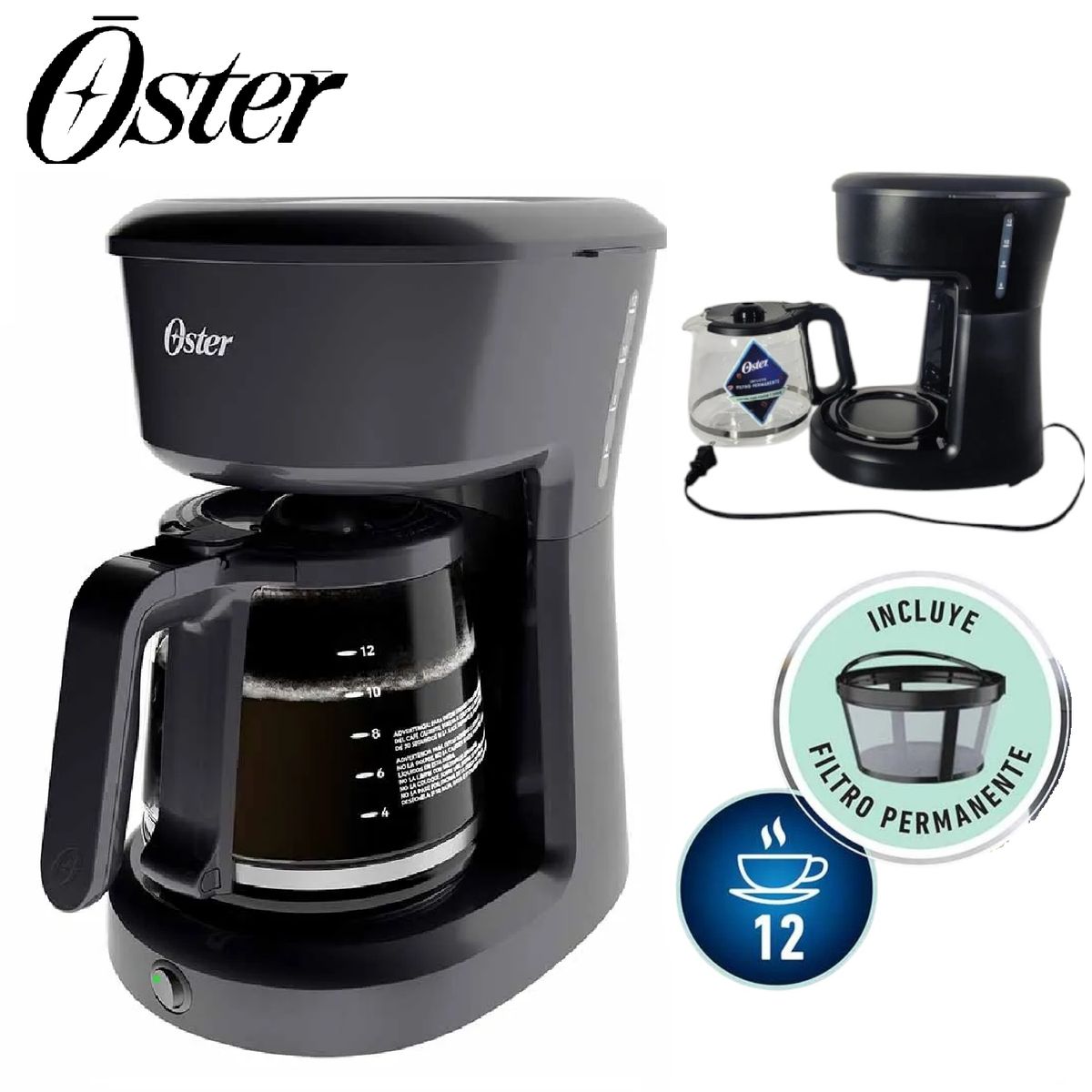 OSTER - Cafetera Programable 12 Tazas Filtro Permanente BVSTDCS12B
