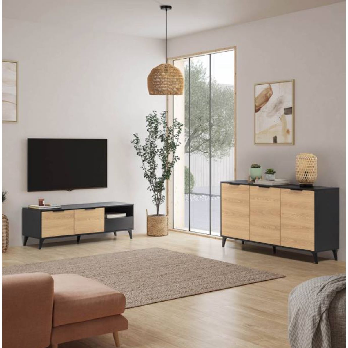 VENTITAS HOME - Combo Mesa de Tv 60” + Aparador Urano Negro y Rovere