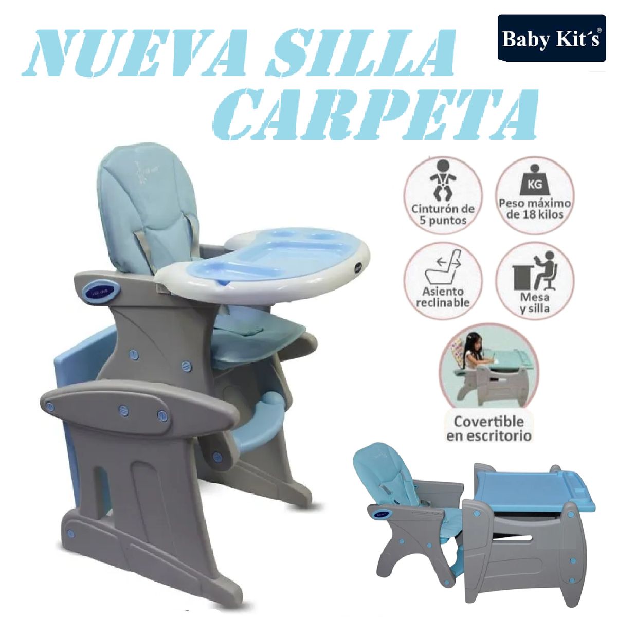 BABY KITS - Silla carpeta Baby Kits convertible 3 en 1 Escritorio -Azul
