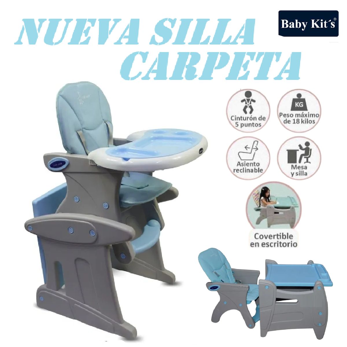 BABY KITS - Silla carpeta Baby Kits convertible 3 en 1 Escritorio -Azul