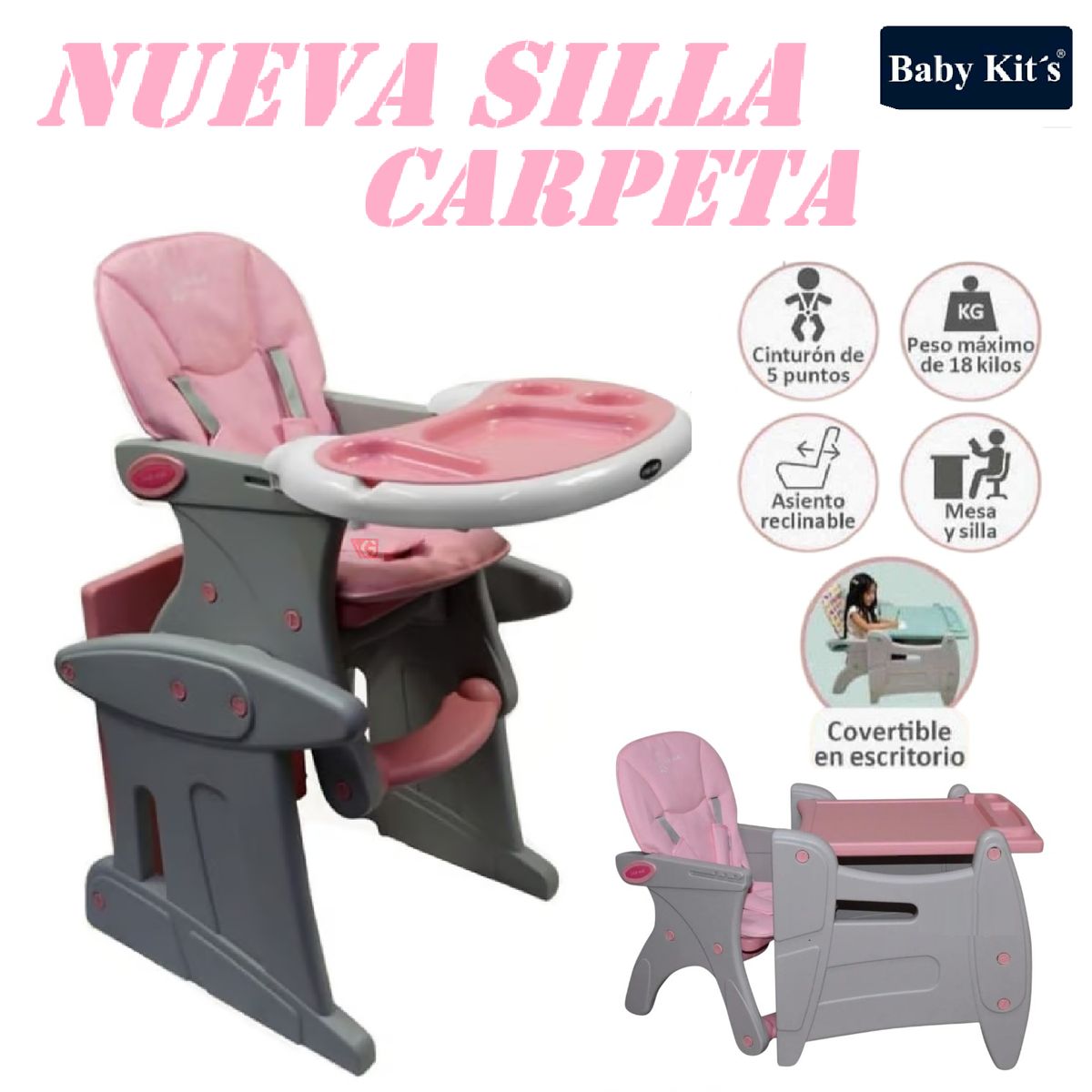 BABY KITS - Silla carpeta Baby Kits convertible en Escritorio -Rosa