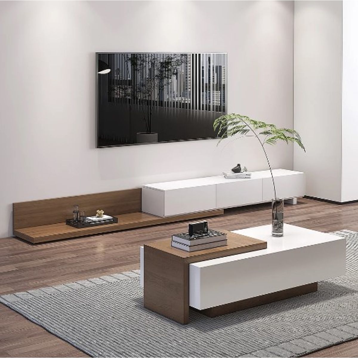 VENTITAS HOME - COMBO Mesa de TV 77° + Mesa de centro Daenerys Gales y Blanco