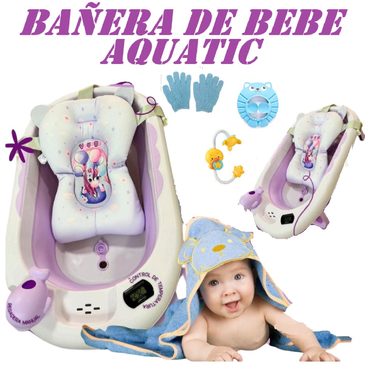 VOYAGE - Nueva Bañera De bebe Con Termometro Aquatic -Morado