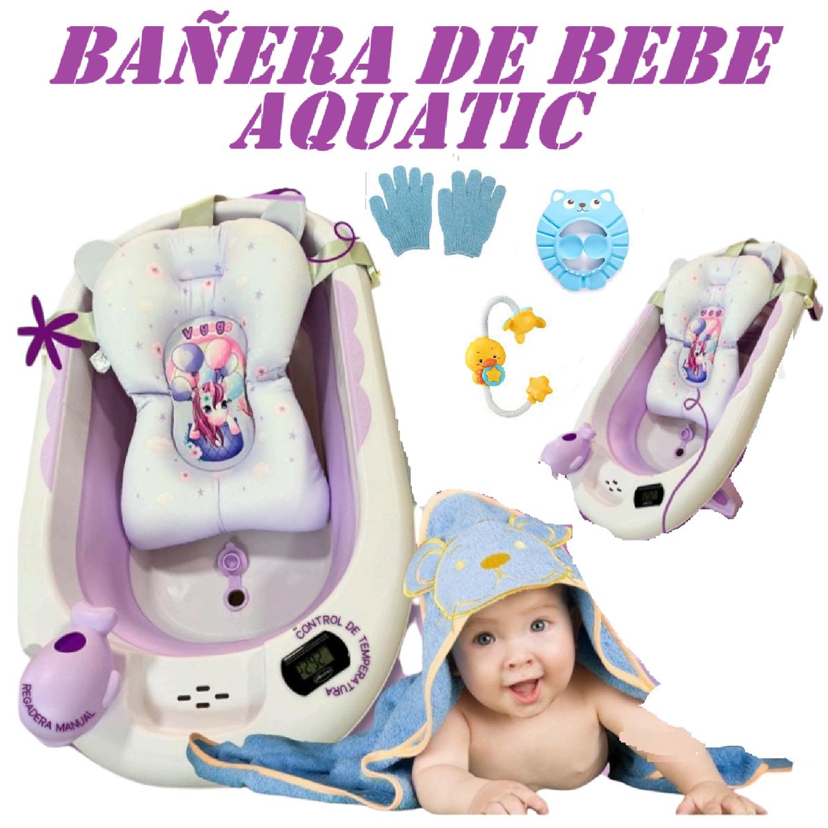 VOYAGE - Nueva Bañera De bebe Con Termometro Aquatic -Morado