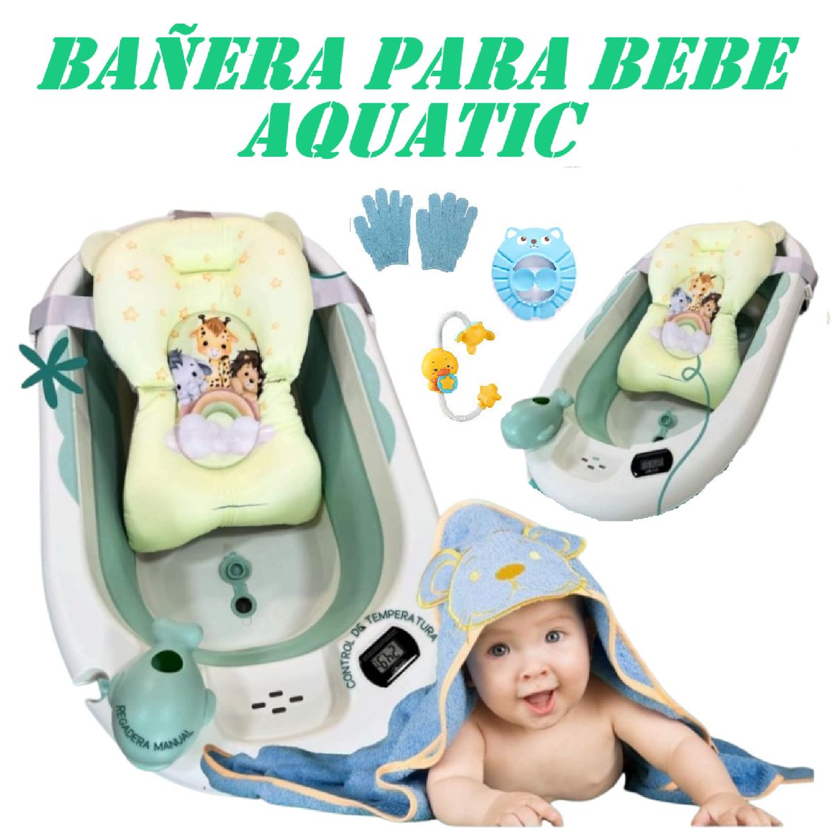 VOYAGE - Nueva Bañera De bebe Con Termometro Aquatic -Verde