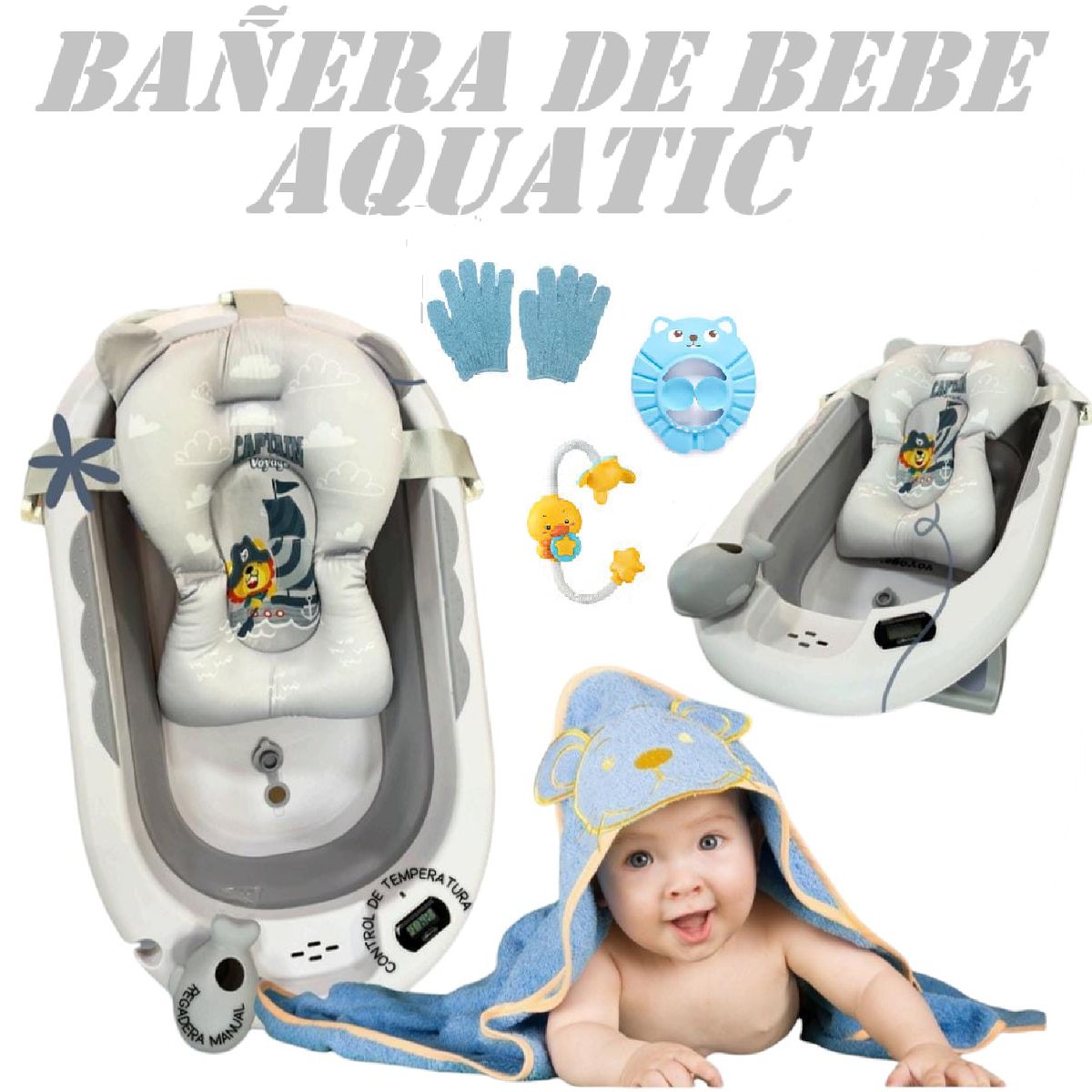 VOYAGE - Nueva Bañera De bebe Con Termometro Aquatic -Gris