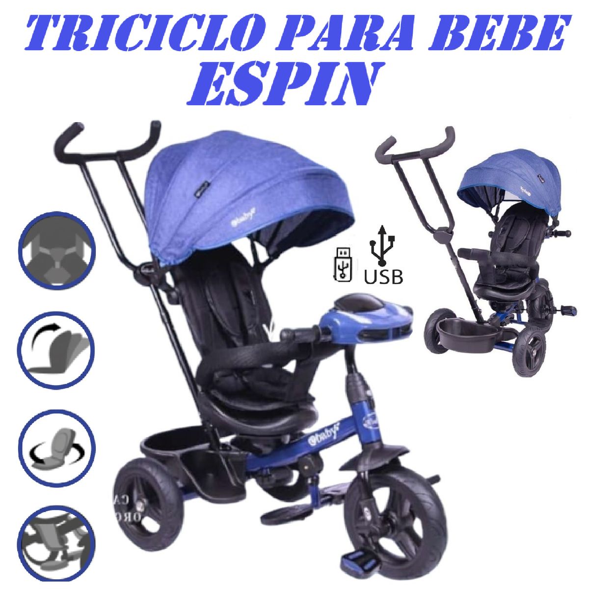 EBABY - Triciclo Musical Luces Reclinable Giratorio Espin-Azul