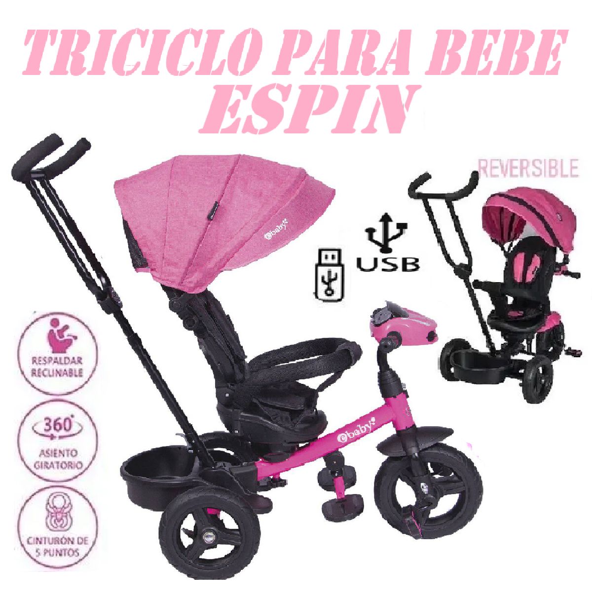EBABY - Triciclo Musical Luces Reclinable Giratorio Espin-Rosa
