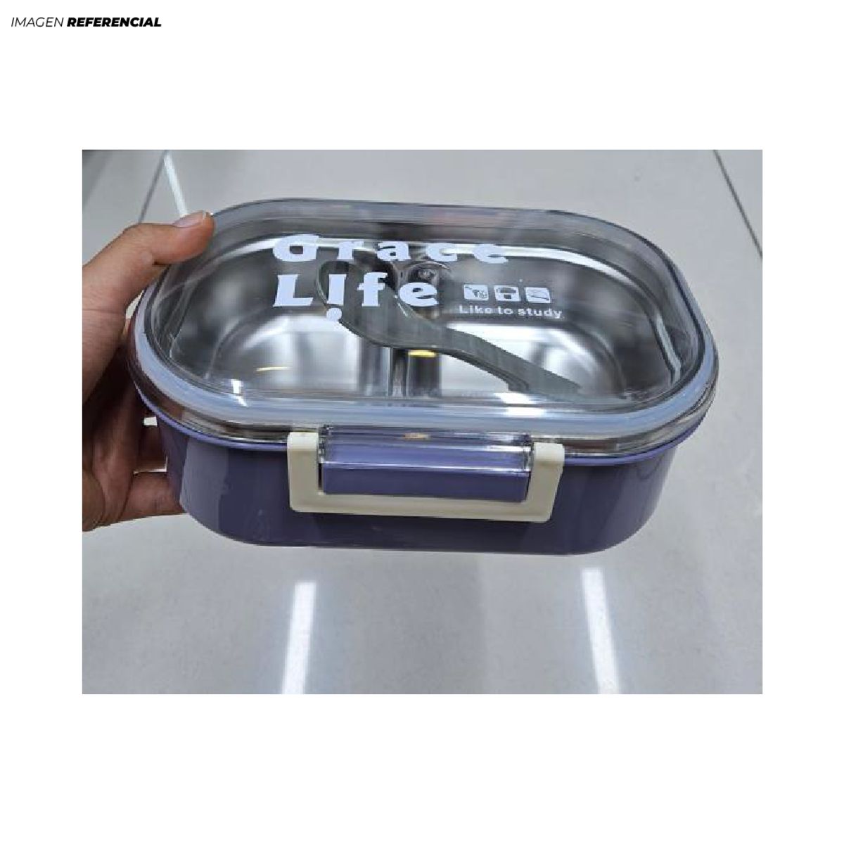 GENERICO - Táper de Acero Inoxidable con 2 Divisiones + 1 Cubierto para Ellas