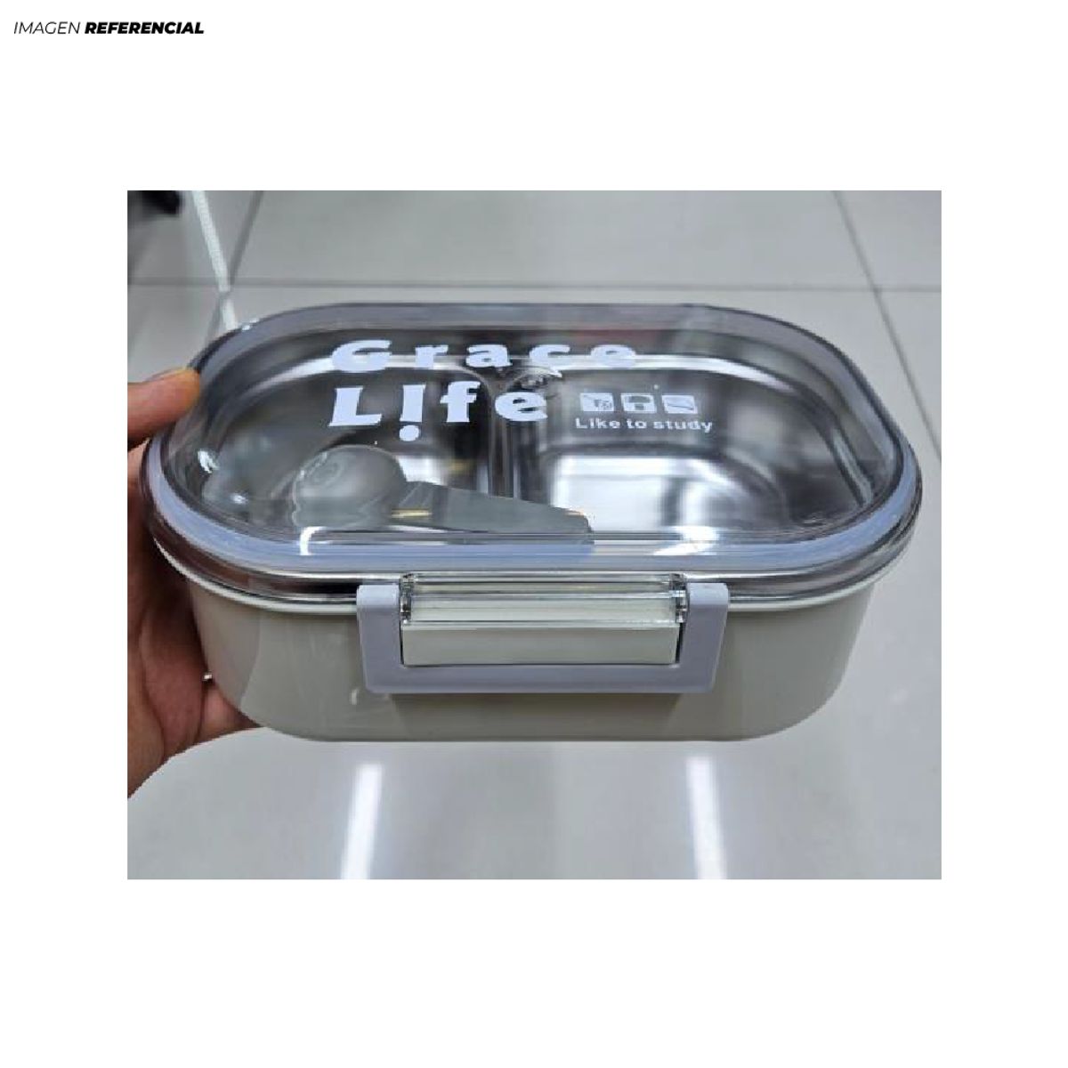 GENERICO - Táper de Acero Inoxidable con 2 Divisiones + 1 Cubierto para Ellas