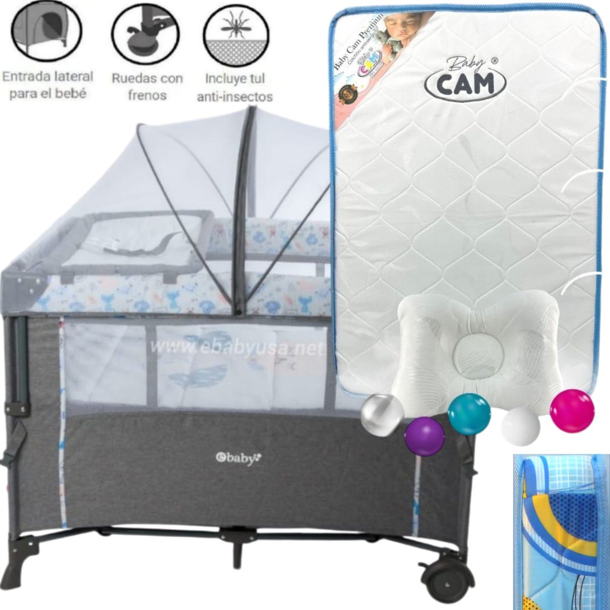 EBABY - Cuna para bebe Colecho Nala AZUL+ Colchón baby CAM CELESTE