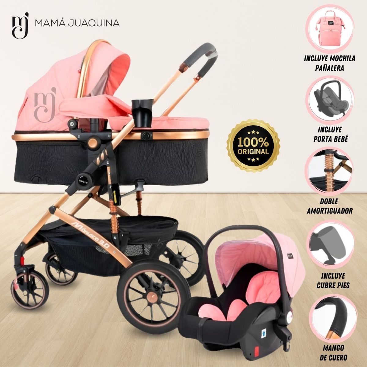 BABY - Coche Moisés 4 en 1 «VERONA GOLD» con Porta bebé Pink