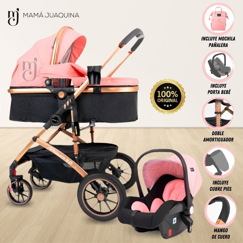 BABY - Coche Moisés 4 en 1 «VERONA GOLD» con Porta bebé Pink
