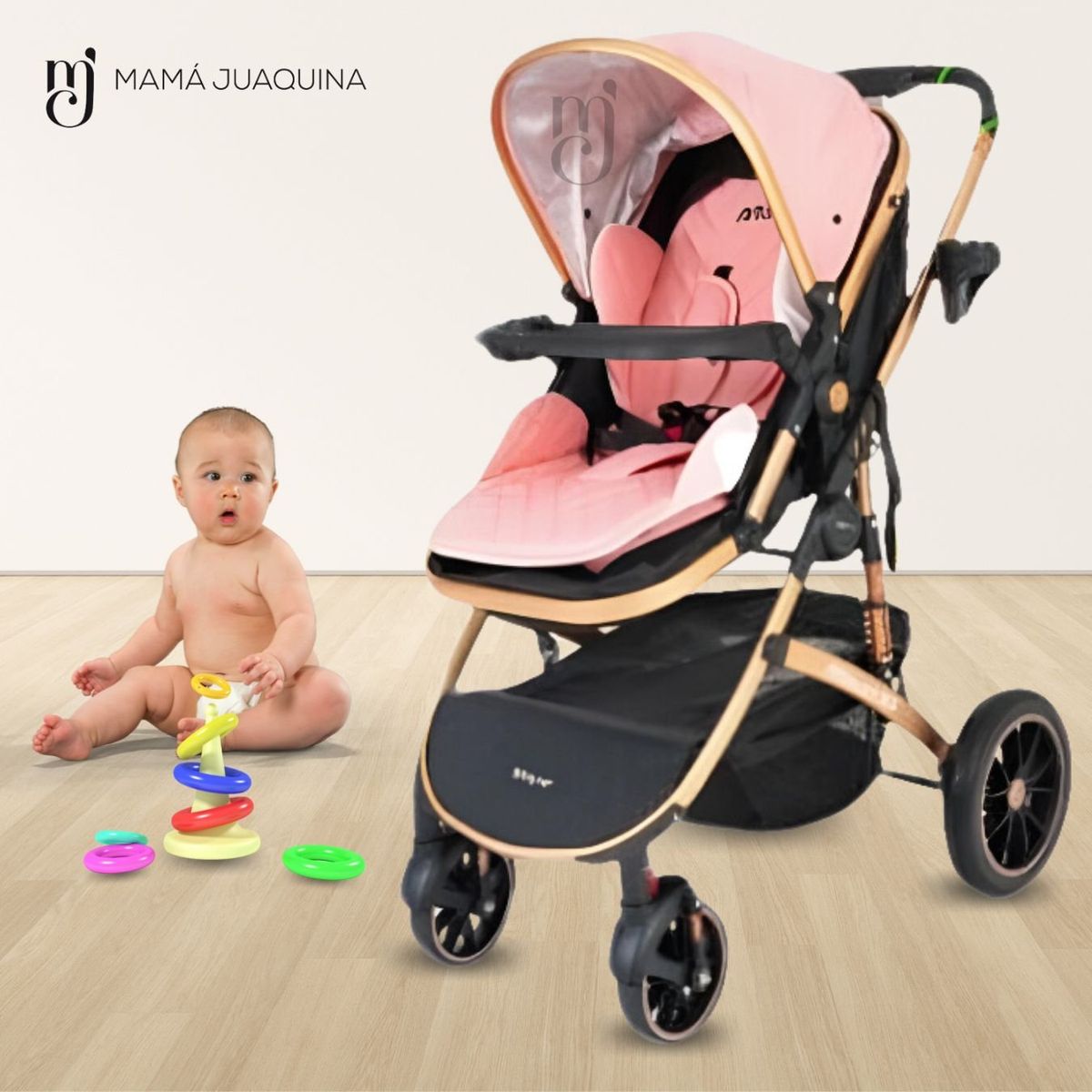 BABY - Coche Moisés 4 en 1 «VERONA GOLD» con Porta bebé Pink