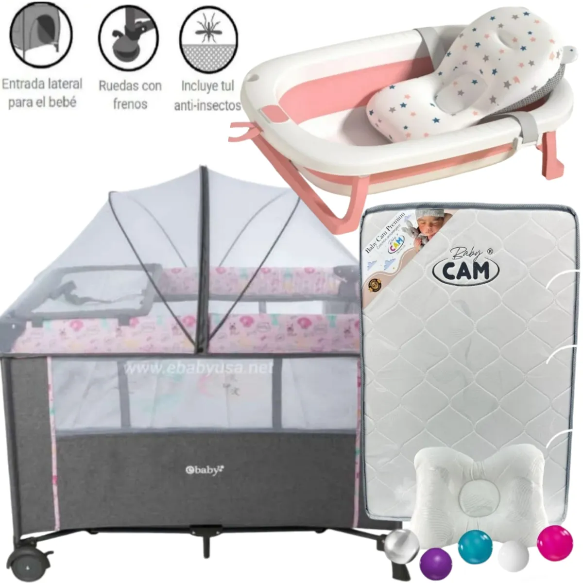 EBABY - Cuna Colecho Nala ROSADO + Colchón PLOMO + tina ROSADO