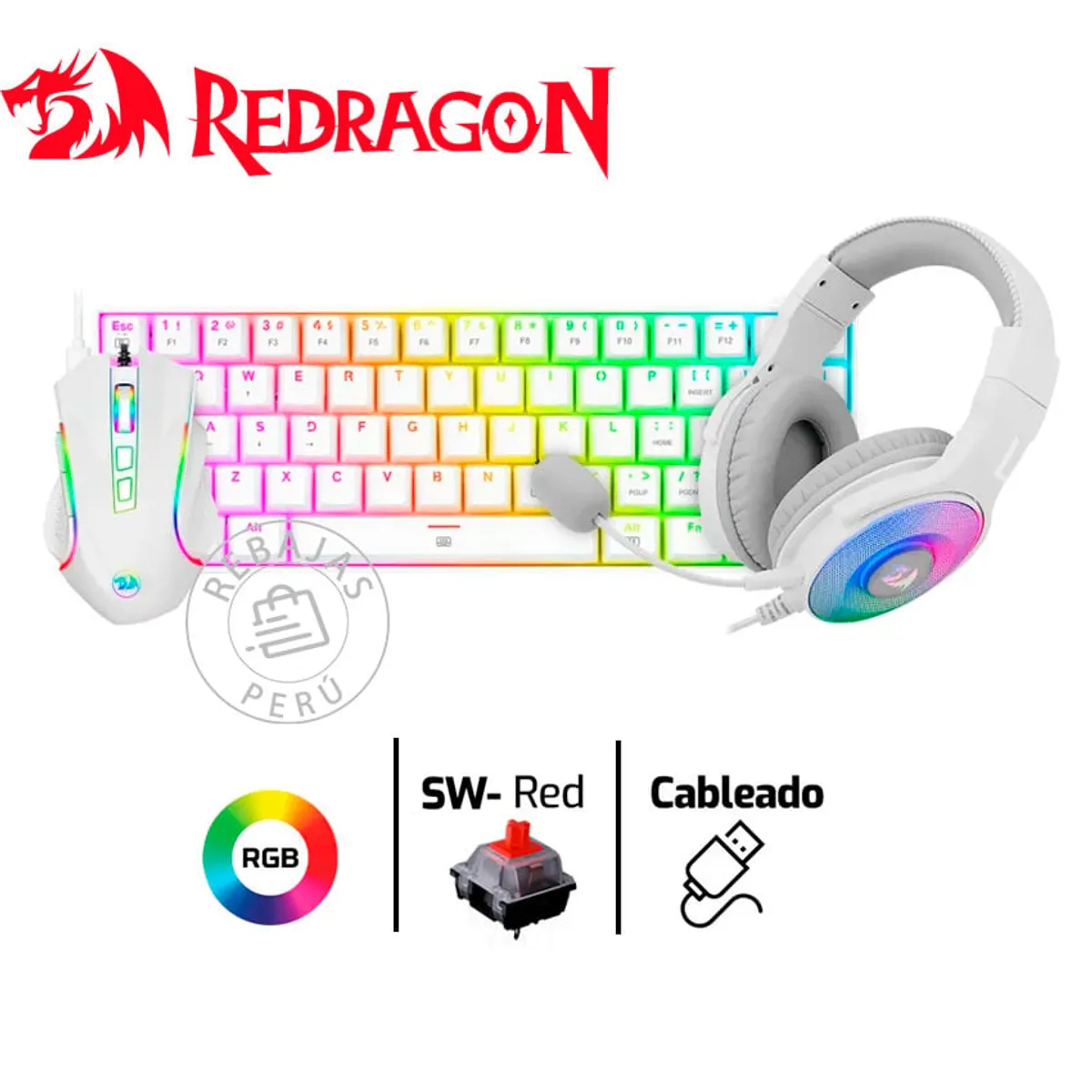 REDRAGON - Combo Redragon S129W  Teclado Mecánico  Mouse  Auriculares RGB