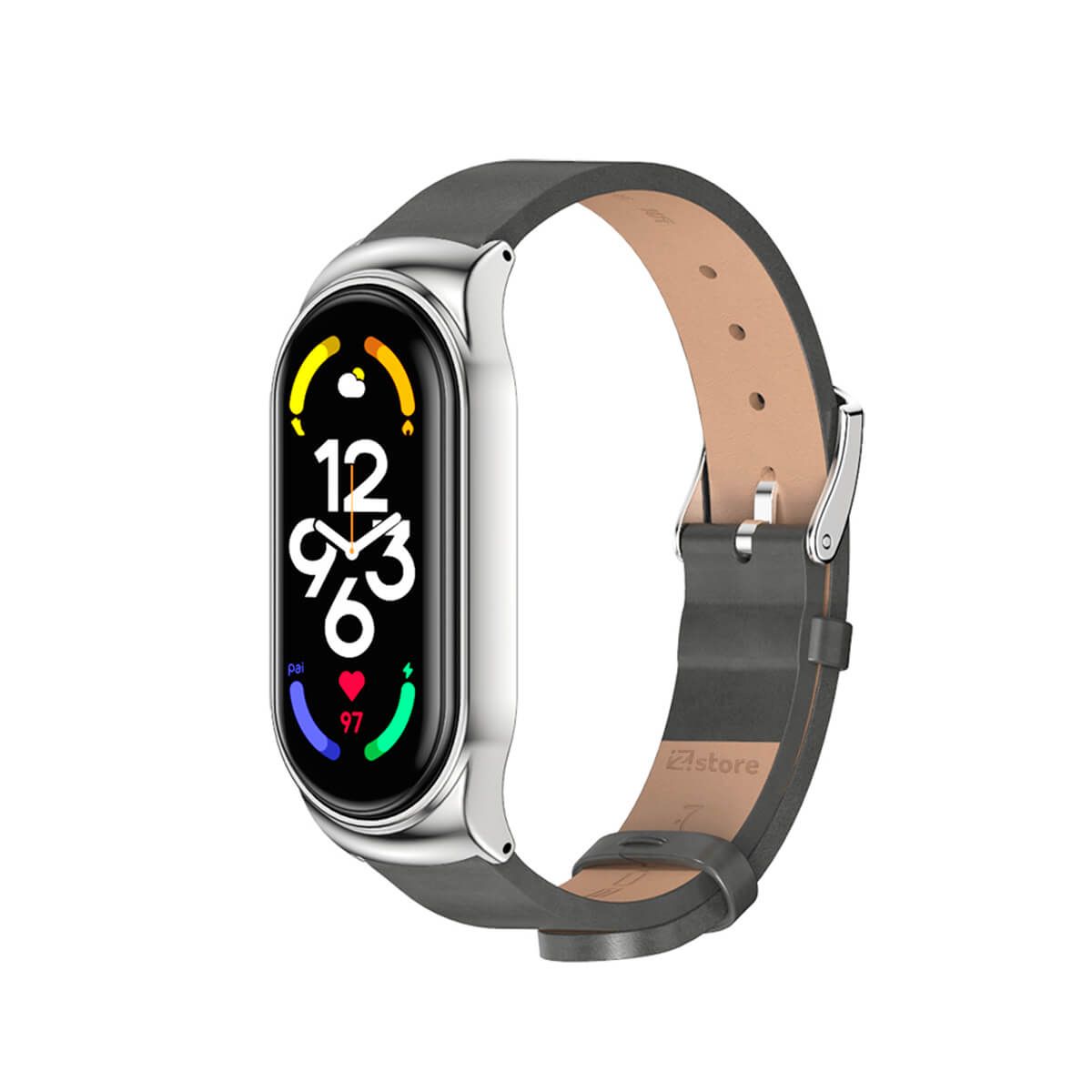 GENERICO - Correa de Cuero Compatible Con Xiaomi Mi Band 6 Metal Gris-Silver