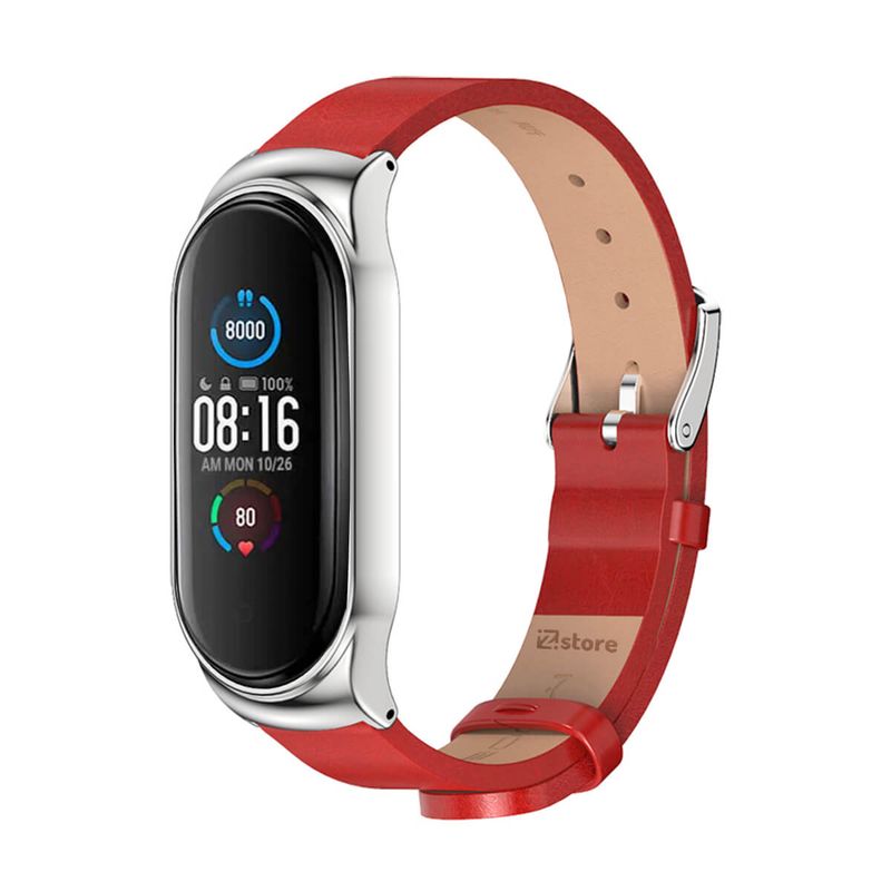 GENERICO - Correa de Cuero Compatible Con Xiaomi Mi Band 3 y 4 Metal Rojo-Silver
