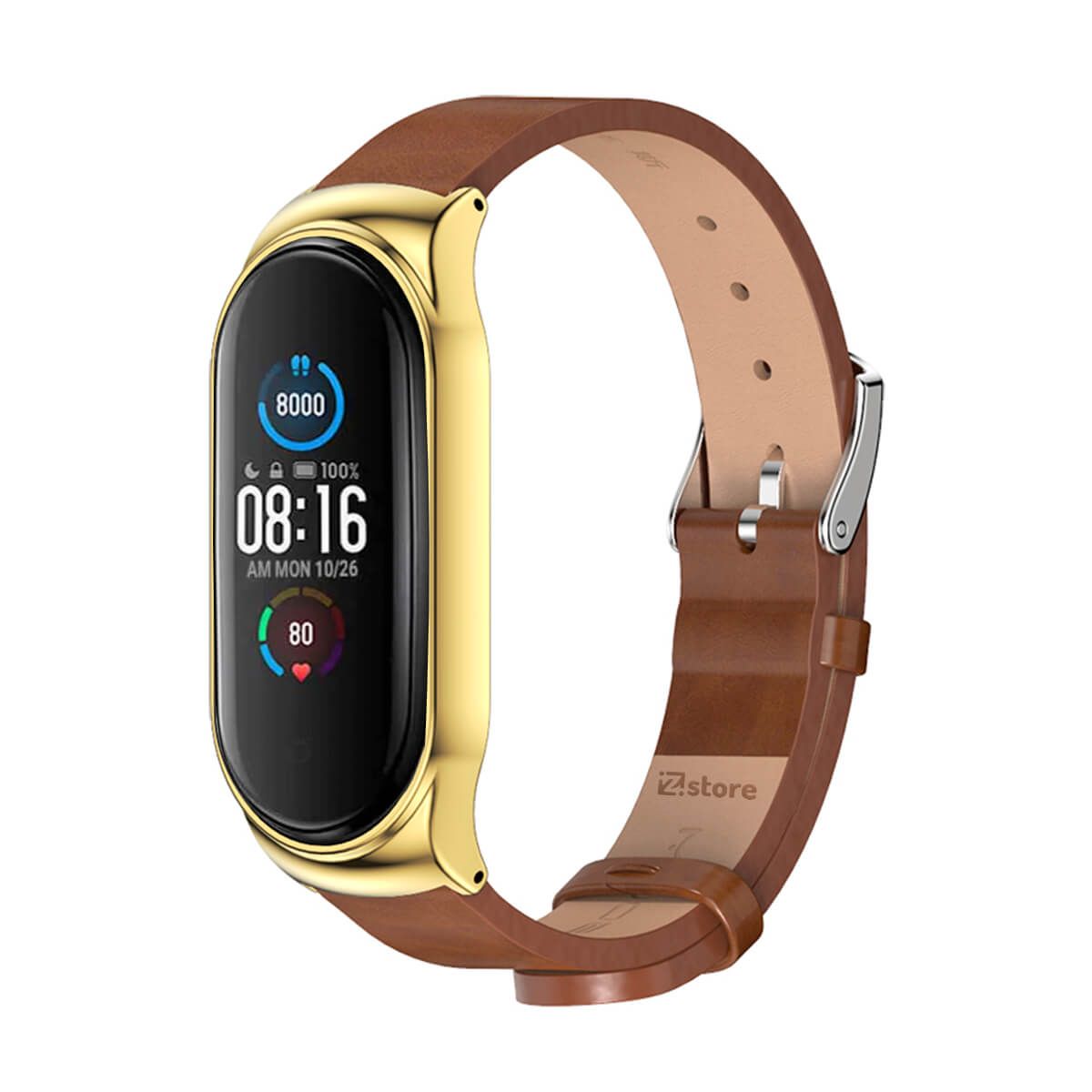 GENERICO - Correa de Cuero Compatible Con Xiaomi Mi Band 3 y 4 Metal Marron-Gold