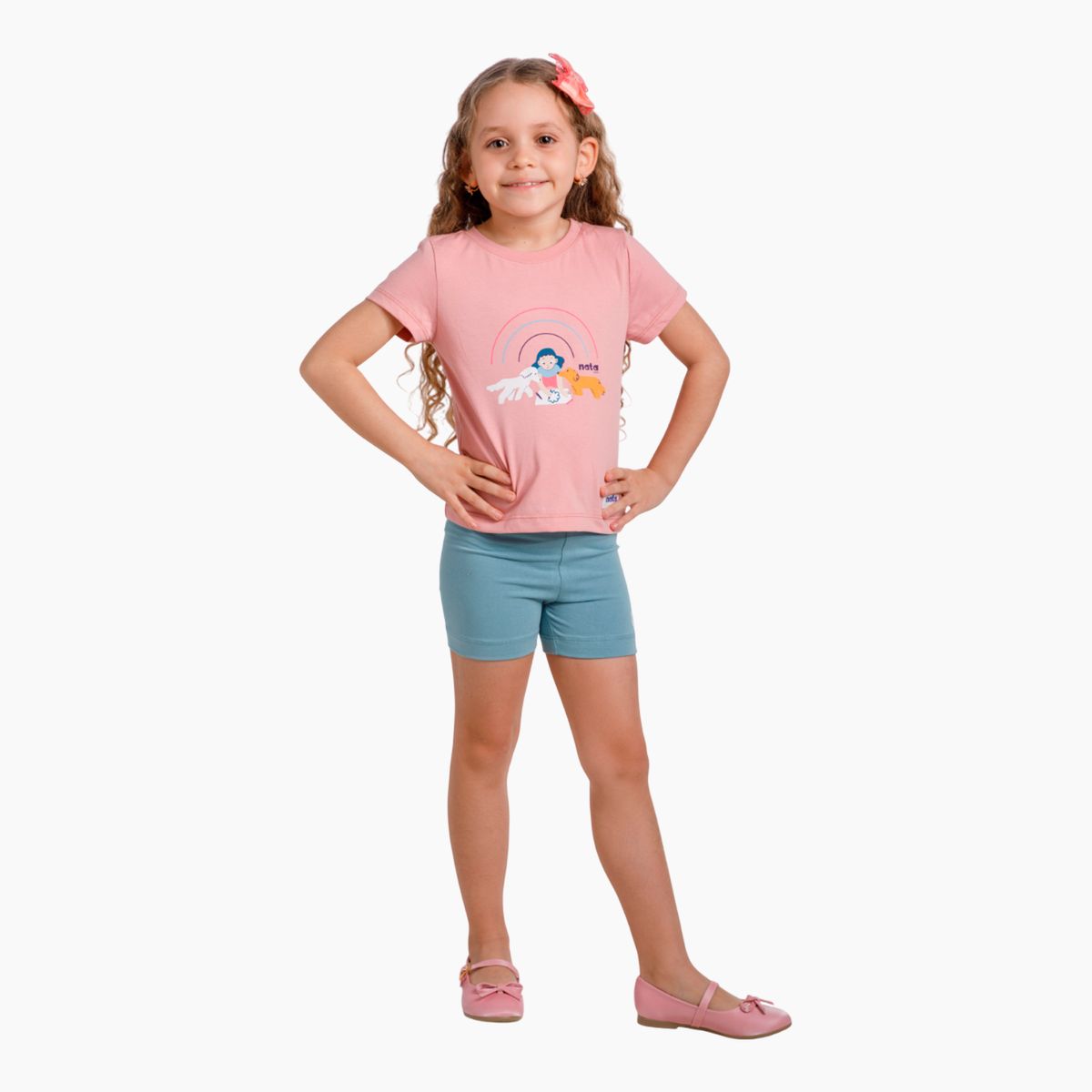 NATA COTON - POLO DE ALGODON ROSA CLASICO - NIÑA Y PERRITO