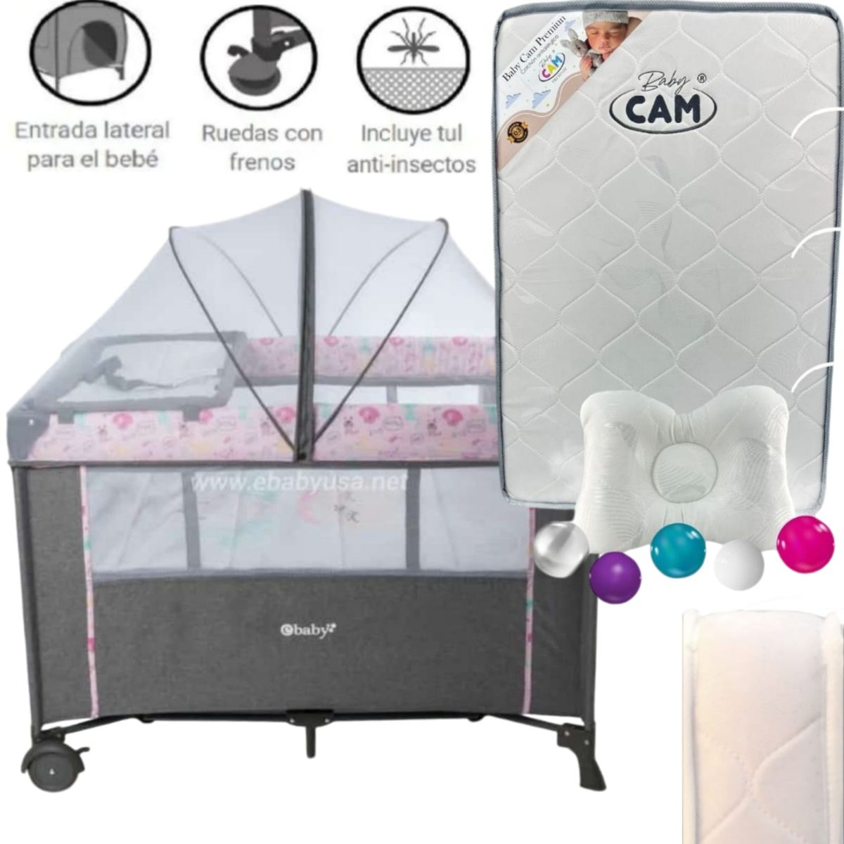 EBABY - Cuna para bebe Colecho Nala + Colchón BLANCO