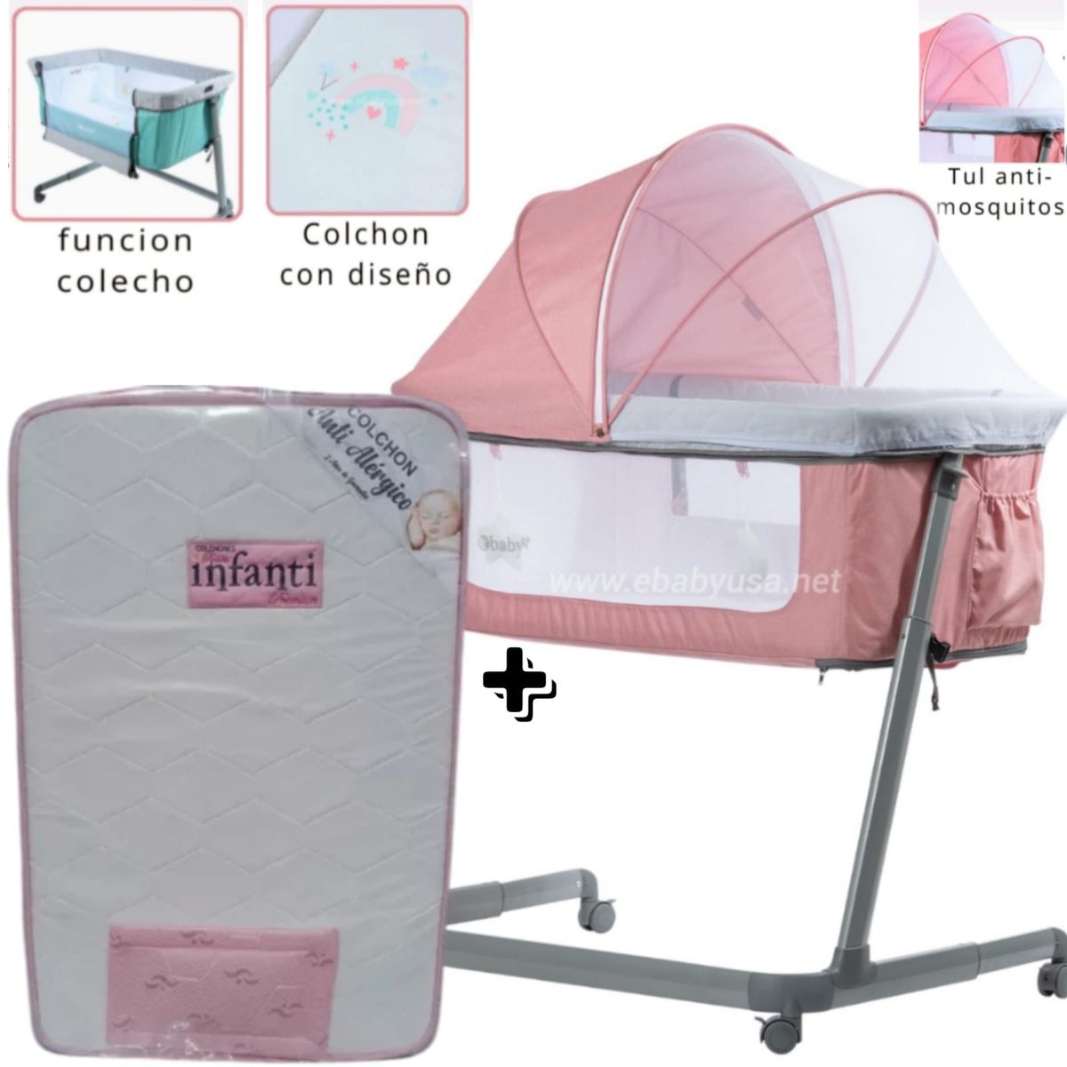 EBABY - Cuna Colecho MARION con función colecho + Colchón para cuna