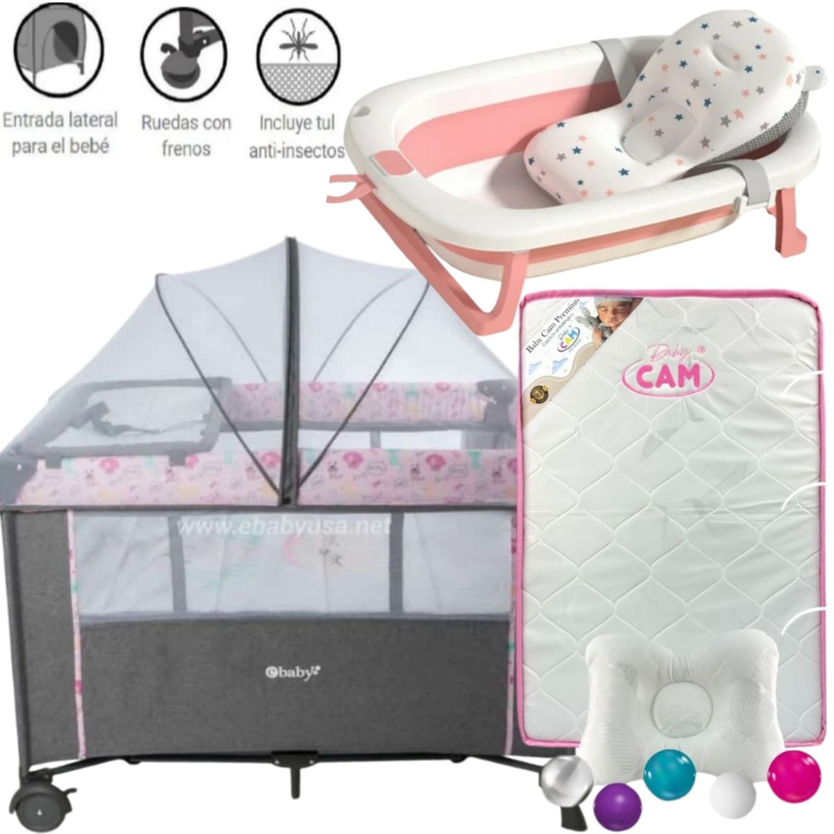 EBABY - Cuna Colecho NALA ROSA + Colchón ROSA+ tina con cojín