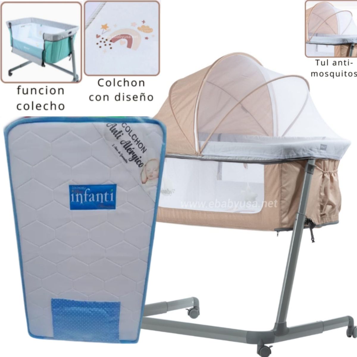 EBABY - Cuna Colecho MARION BEIGE + Colchón para cuna CELESTE