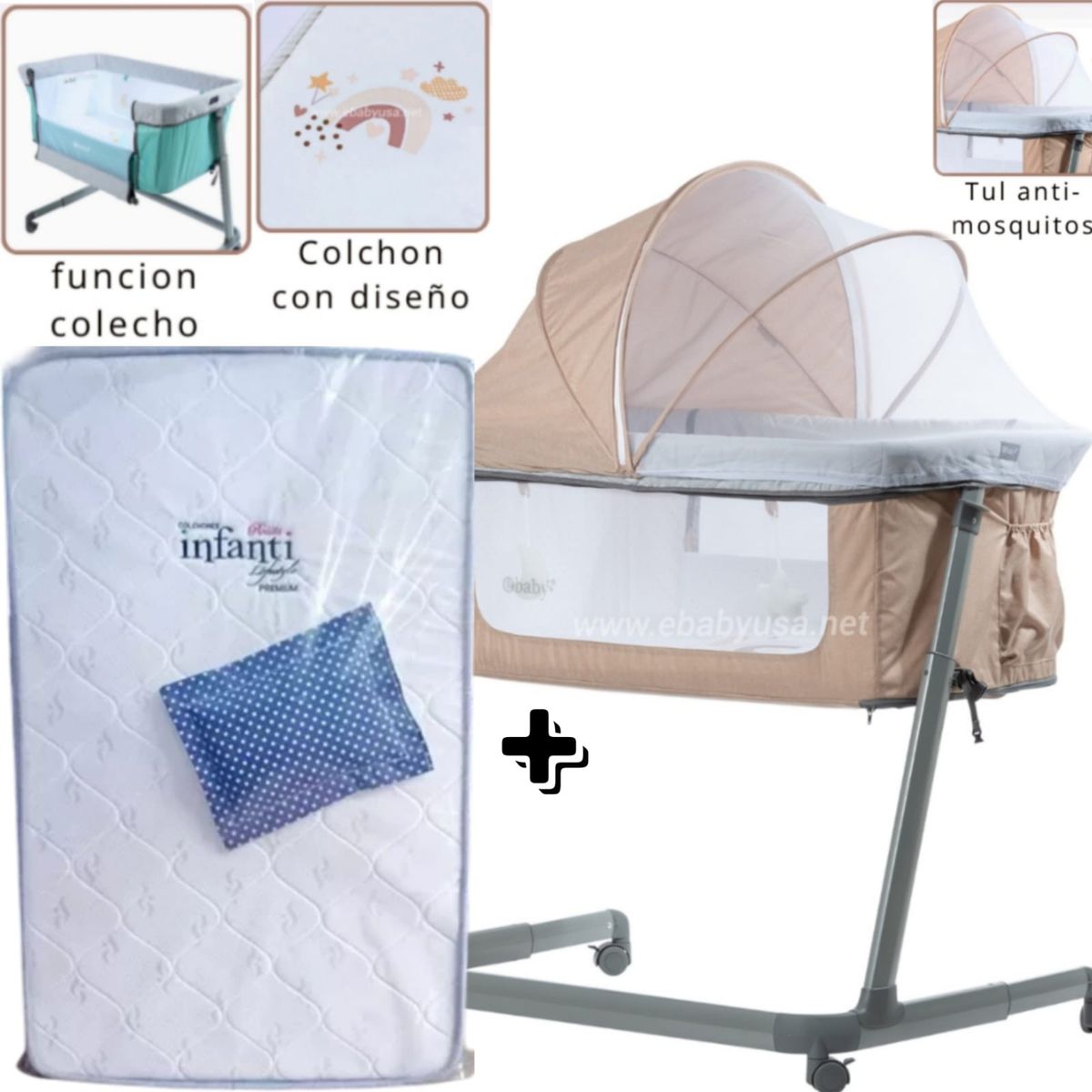 EBABY - Cuna Colecho MARION BEIGE + Colchón para cuna AZUL