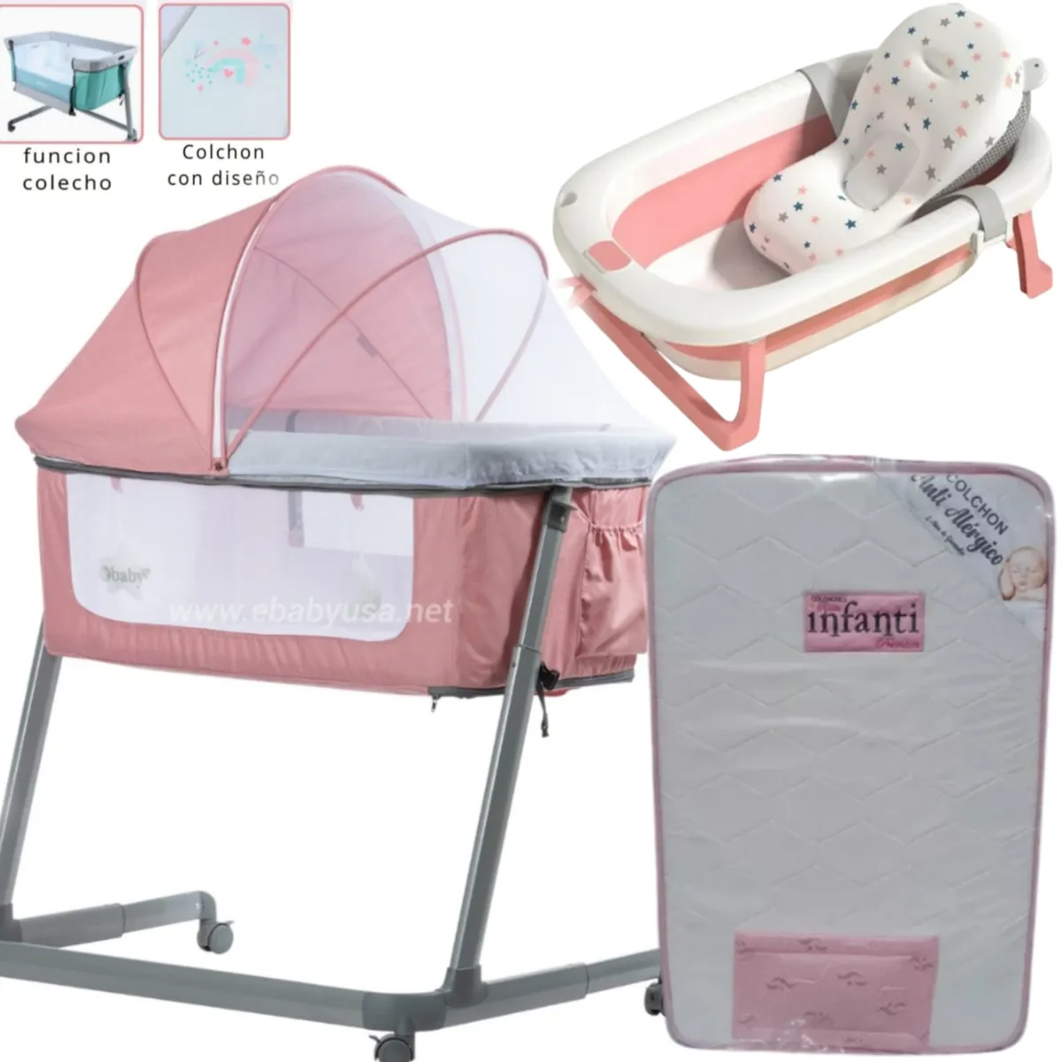 EBABY - Cuna Colecho MARION ROSA + Colchón para cuna ROSA+ TINA ROSA