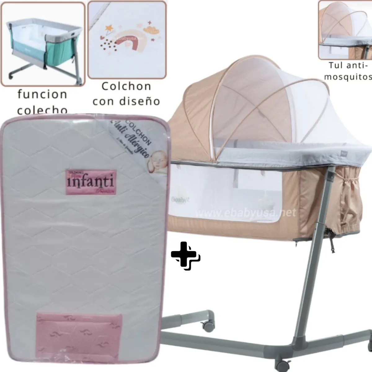 EBABY - Cuna Colecho MARION BEIGE + Colchón para cuna ROSADO