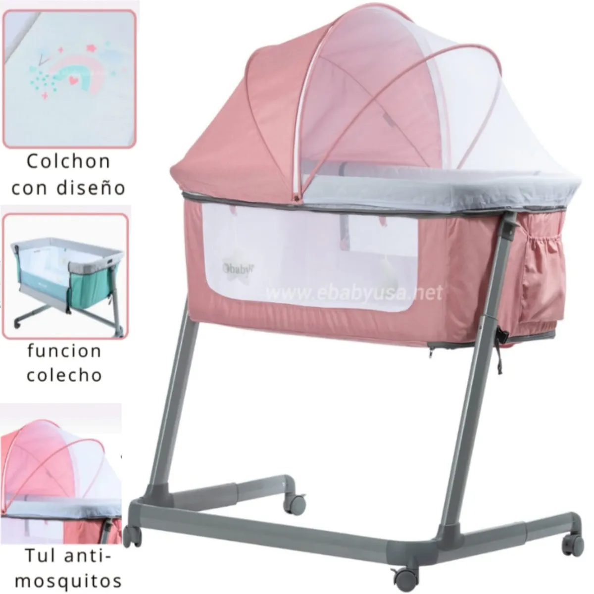 EBABY - Cuna Colecho MARION BEIGE + Colchón para cuna ROSADO